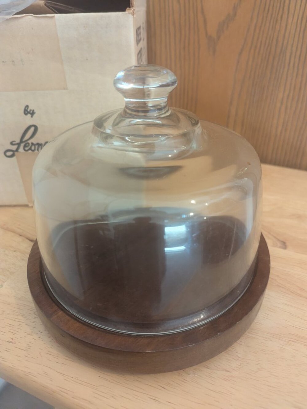 VTG Leonard Cheese Keeper Glass Cheese Dome w/ Wood Base in Original Box